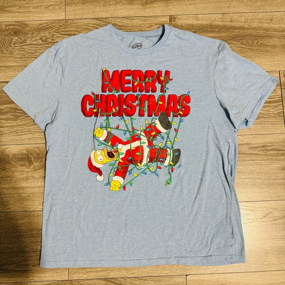 The Simpsons Homer Matt Groening Light Blue Merry Christmas Graphic T-Shirt XL